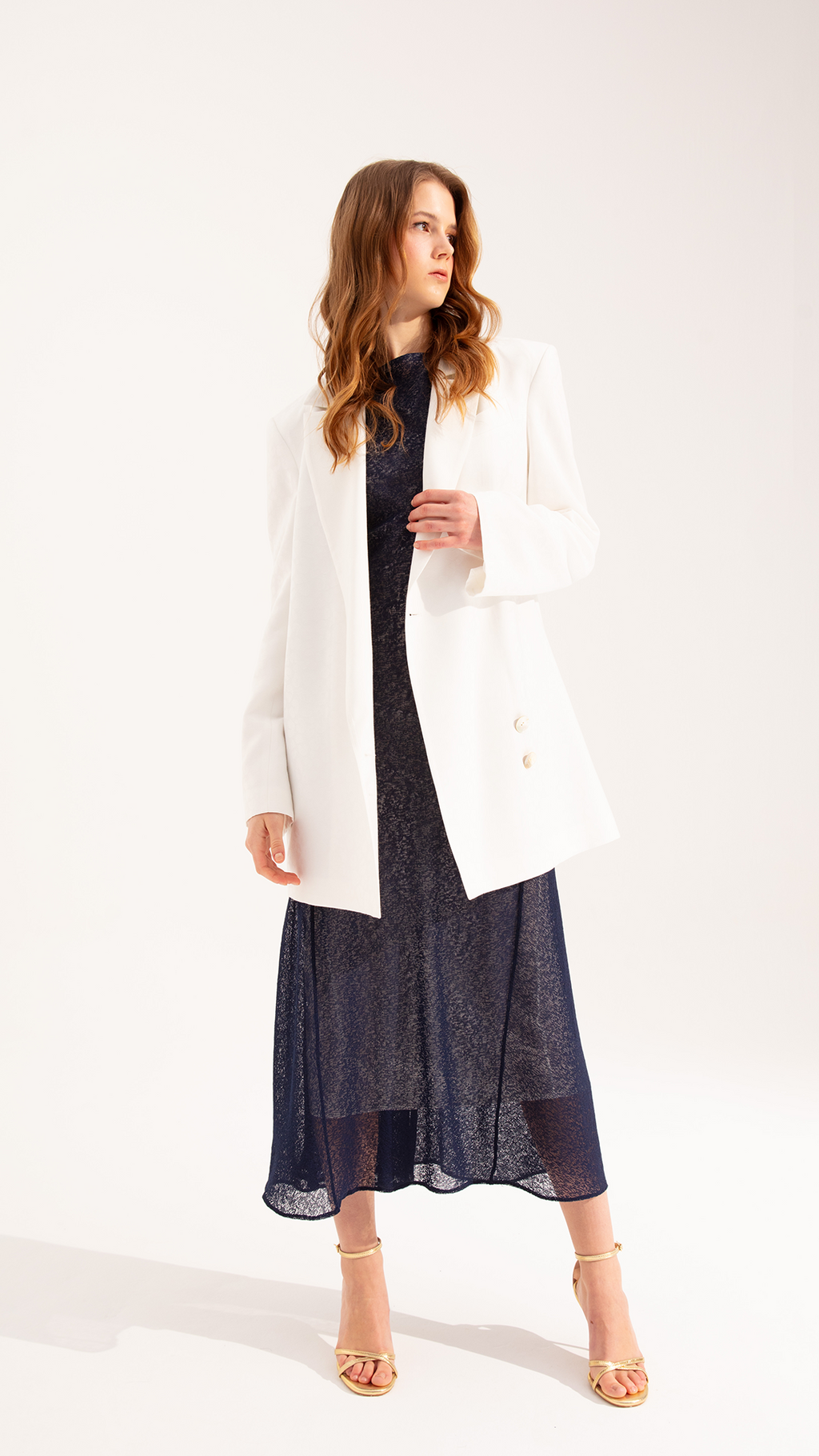 Nacre Beyaz Blazer Ceket Elbise